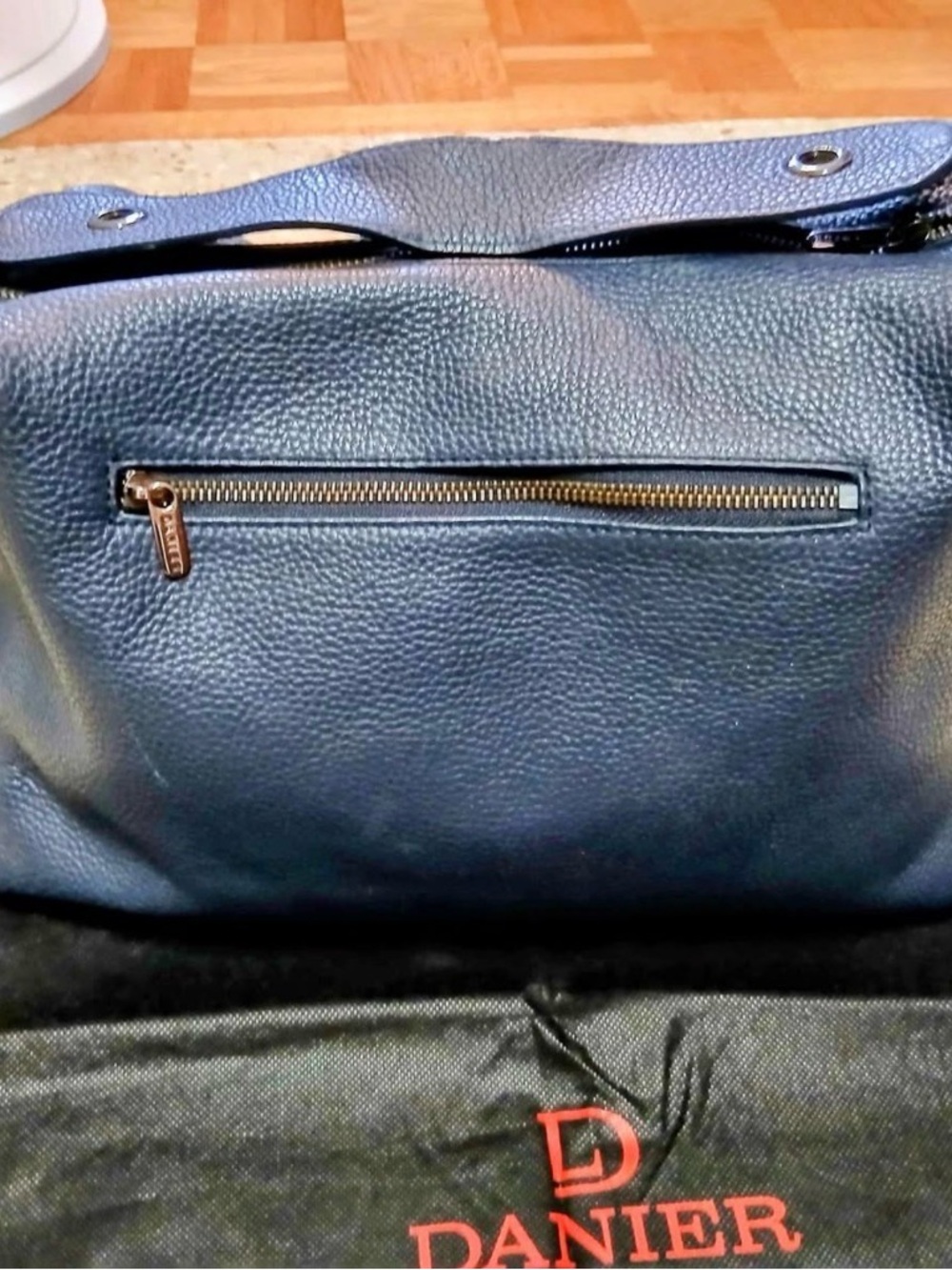 Danier Dark Navy Pebbled Leather Tote with Gold Zipper